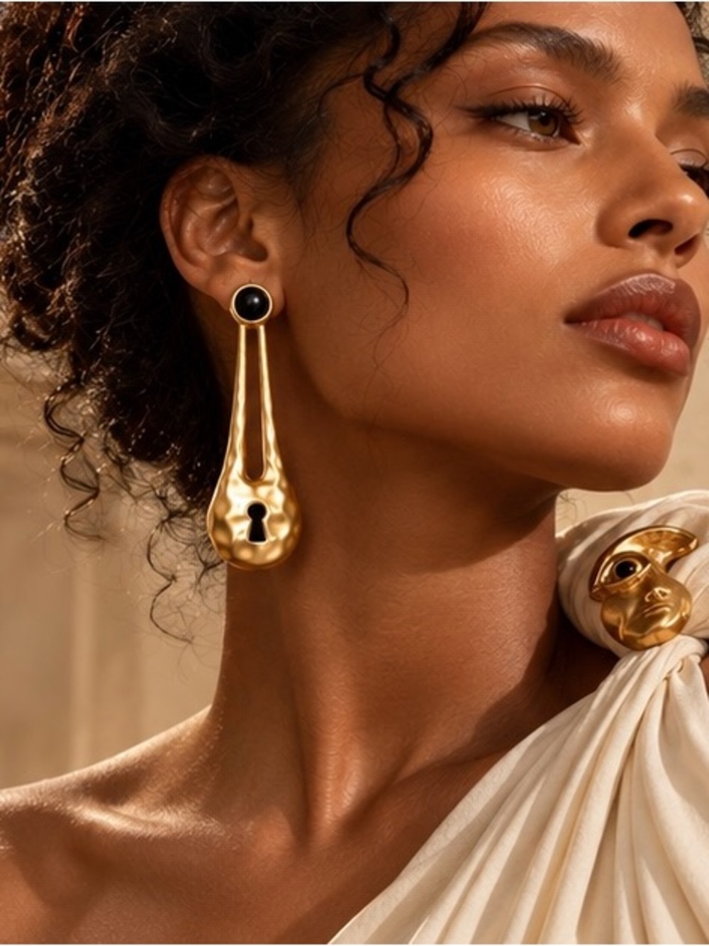 Sculptural Black Onyx Keyhole Earrings 18K Gold Plated Statement Jewelry